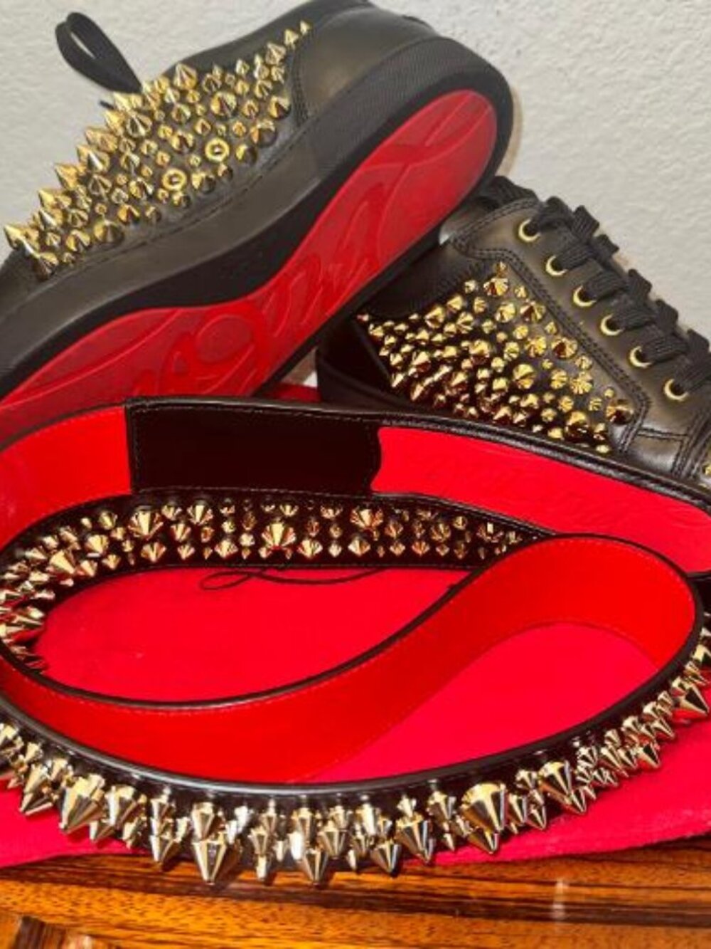 Christian Louboutin Louis Spikes Sneakers & Matching Belt Black/Gold
